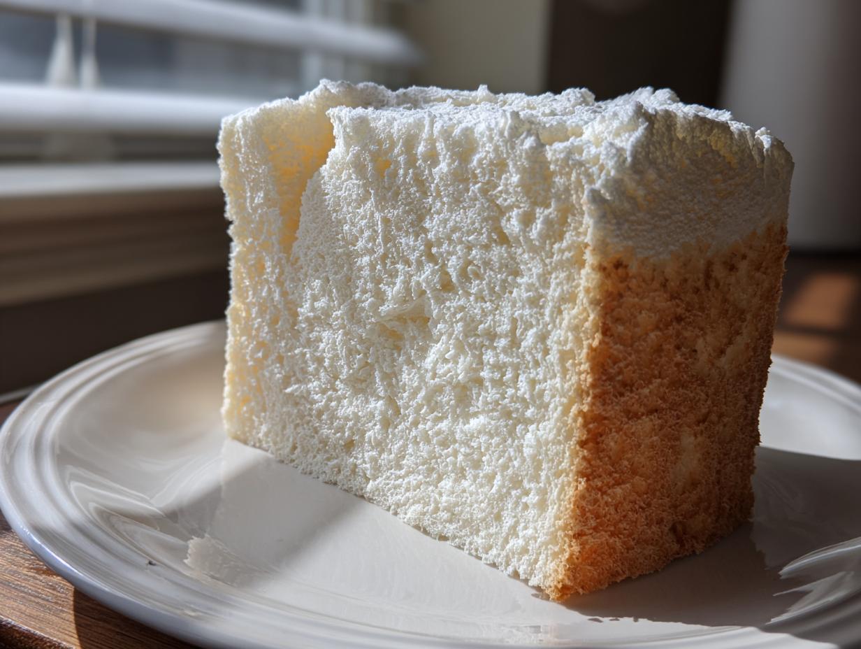 A thick, square slice of incredibly light and fluffy angel food cake resting on a white plate, showing its airy texture.