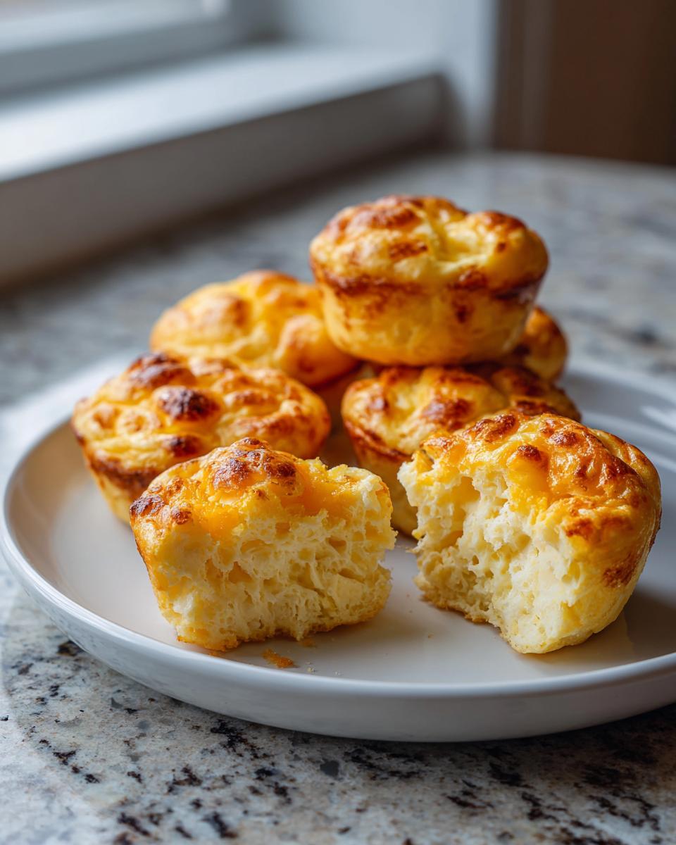 A stack of fluffy, golden-brown baked egg bites on a white plate, with one bite broken open to show the airy texture.