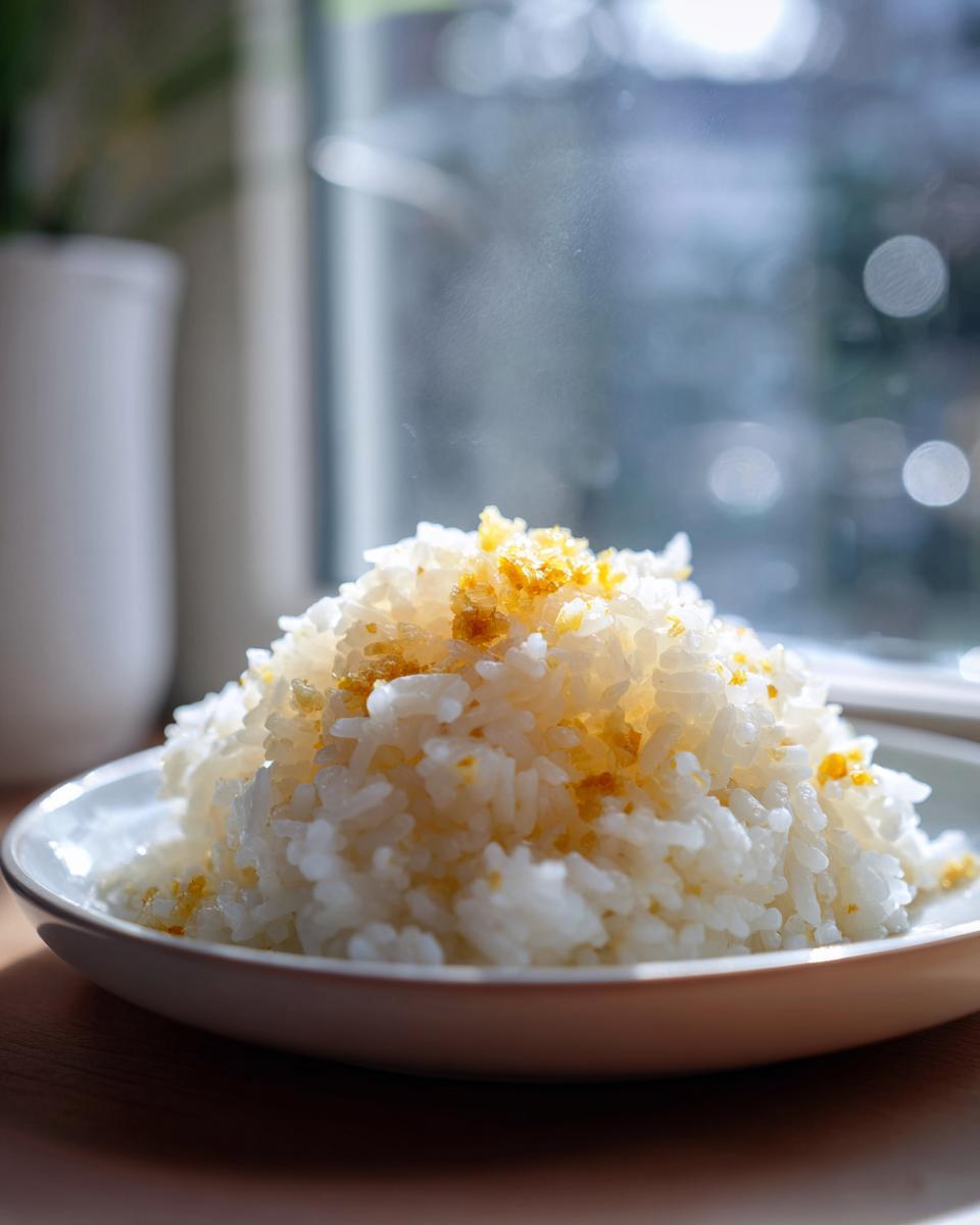 A mound of fluffy white butter rice topped with golden, crispy brown bits, served on a white plate.