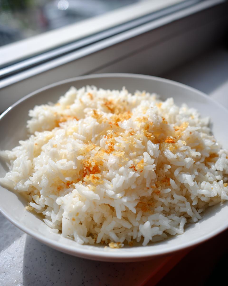 A close-up of fluffy white butter rice topped with golden toasted crumbs, served in a white bowl near a window.