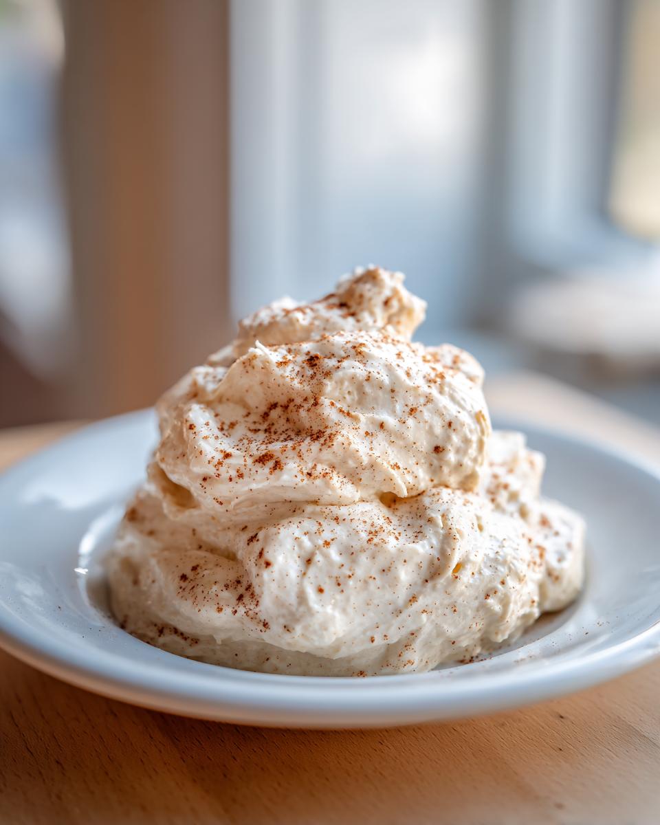 A fluffy mound of homemade cinnamon butter sprinkled with ground cinnamon, served on a small white plate.