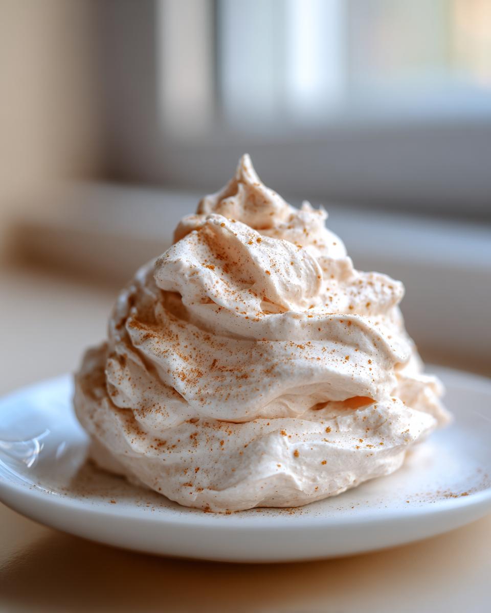 A fluffy, piped mound of light orange cinnamon butter sprinkled generously with ground cinnamon.