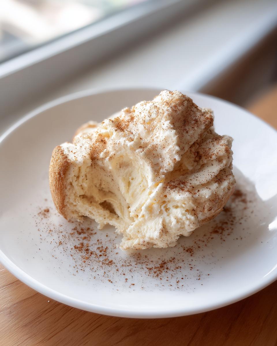 A dollop of fluffy cinnamon butter, dusted with cinnamon, served on a white plate.