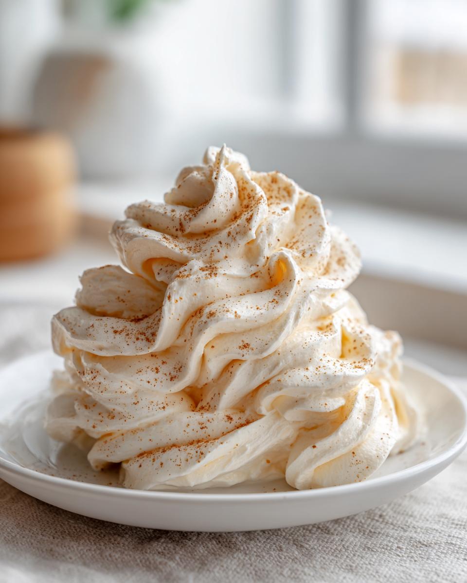 A tall swirl of fluffy whipped cream or butter, dusted generously with cinnamon, representing the cinnamon butter recipe.