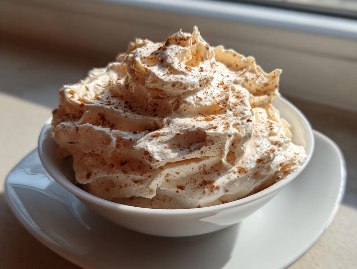 A close-up of fluffy, whipped cinnamon butter generously portioned in a small white bowl and sprinkled with extra cinnamon.