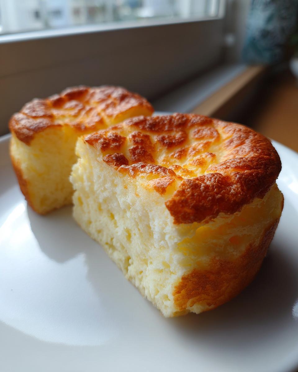 Close-up of two pieces of light, fluffy cloud bread with golden-brown tops on a white plate.