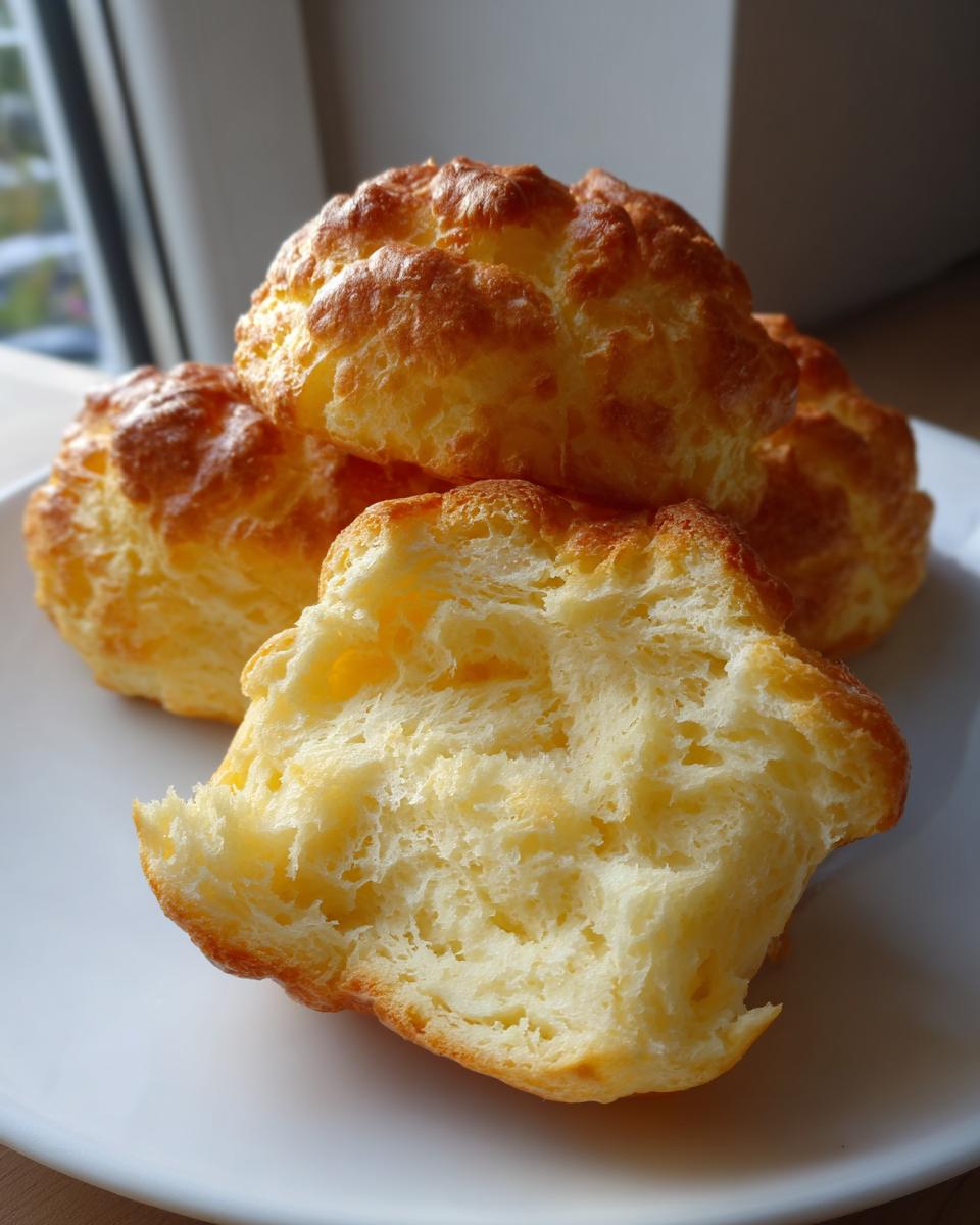 Close-up of a torn piece of golden brown cloud bread showing its light, airy, and fluffy interior texture.