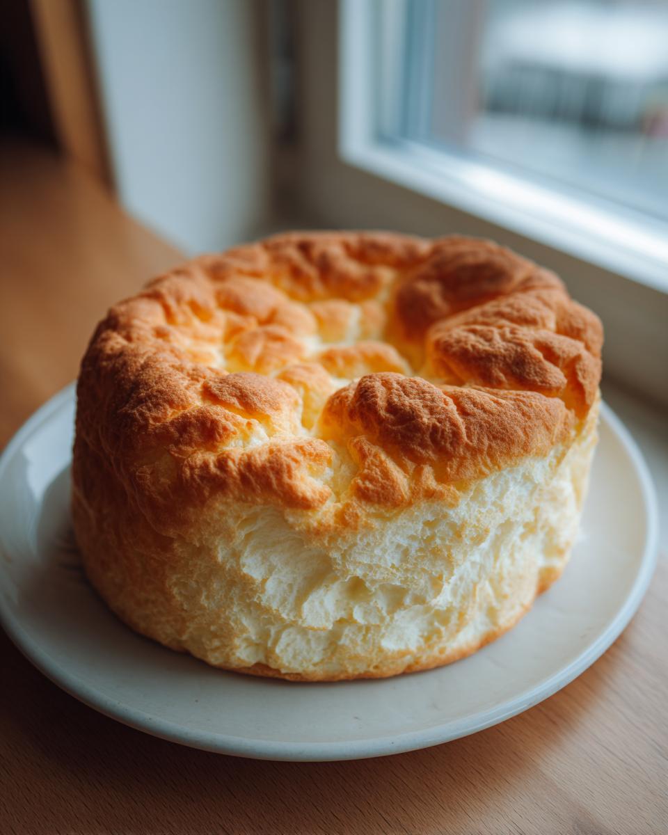 A tall, perfectly baked, fluffy cloud bread resting on a small white plate near a window.