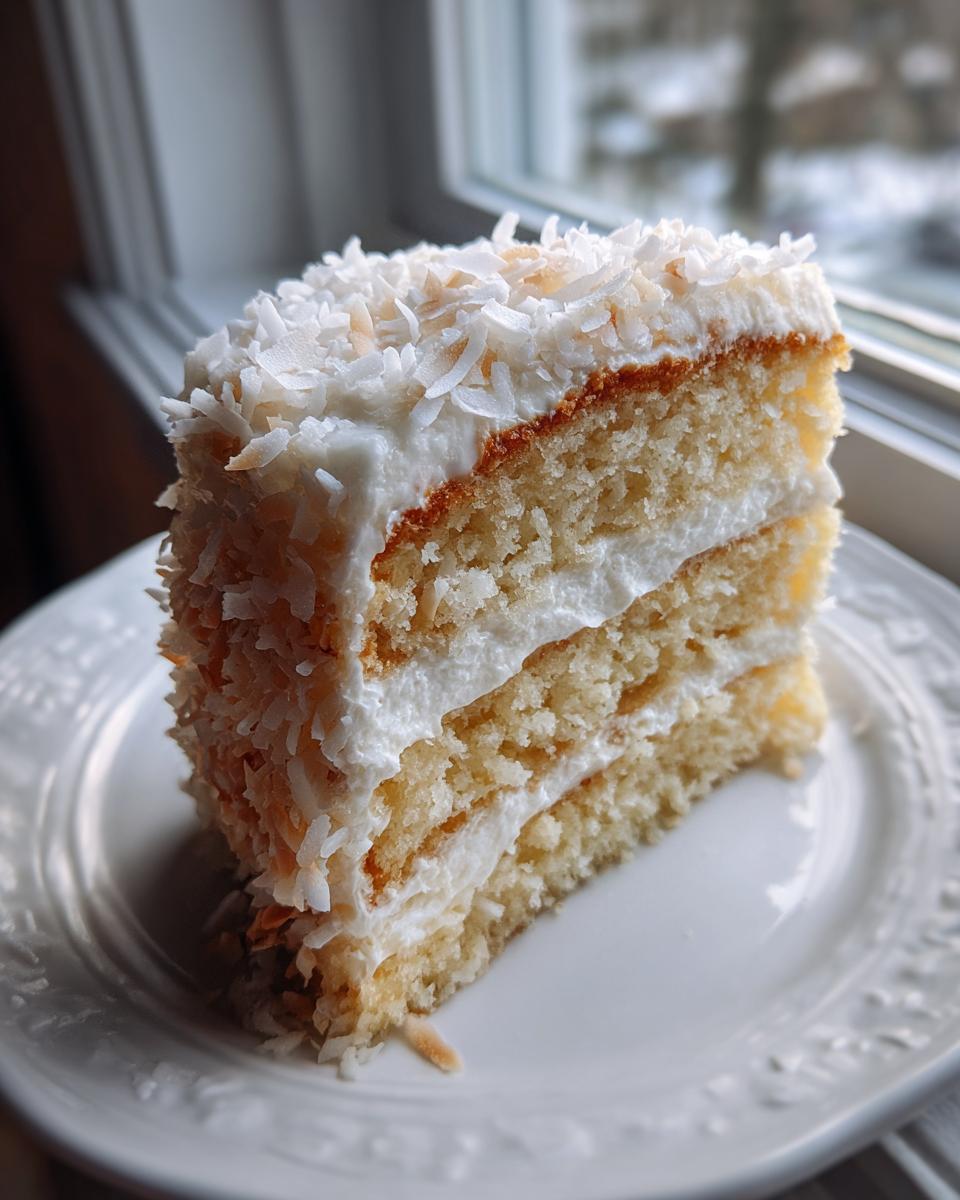 A tall, moist slice of coconut cake recipe layered with white frosting and topped with shredded coconut.