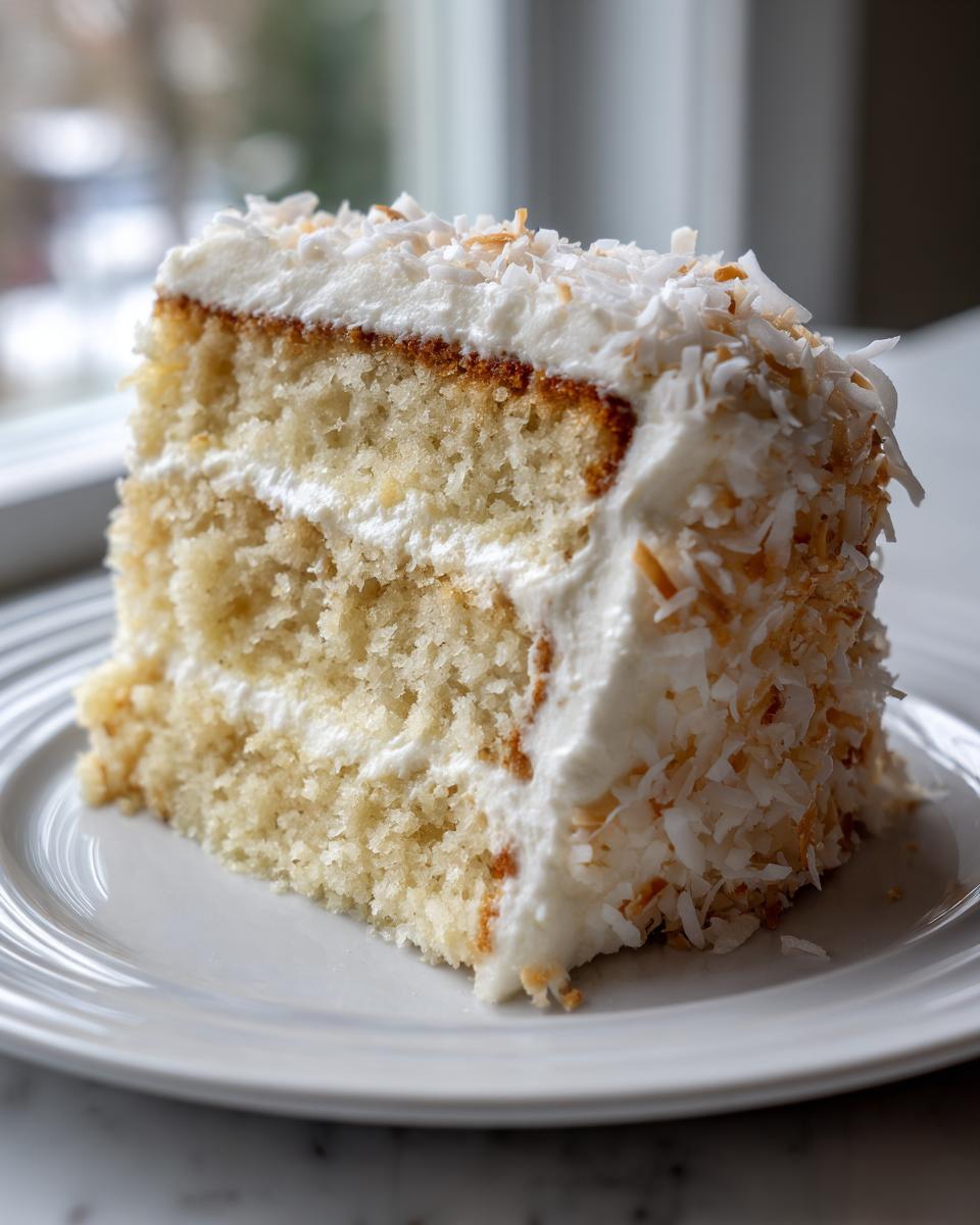 A close-up of a moist slice of coconut cake recipe layered with white frosting and topped with toasted coconut flakes.