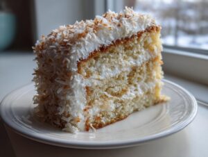 A moist slice of fluffy coconut cake recipe layered with white frosting and covered in toasted coconut flakes.