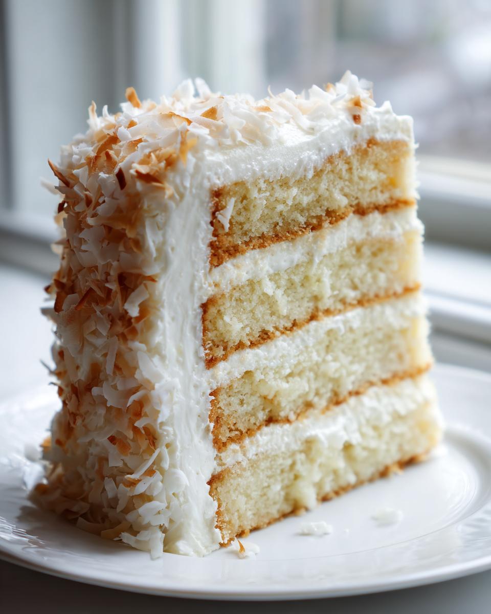 A tall slice of fluffy coconut cake recipe with four layers, white frosting, and toasted coconut flakes on top.