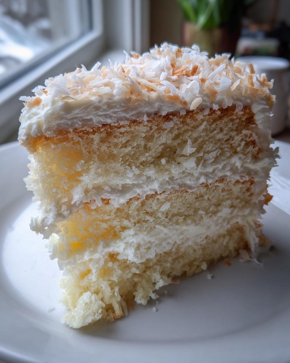 Close-up of a fluffy slice of coconut cake recipe featuring white frosting and toasted coconut flakes on top.