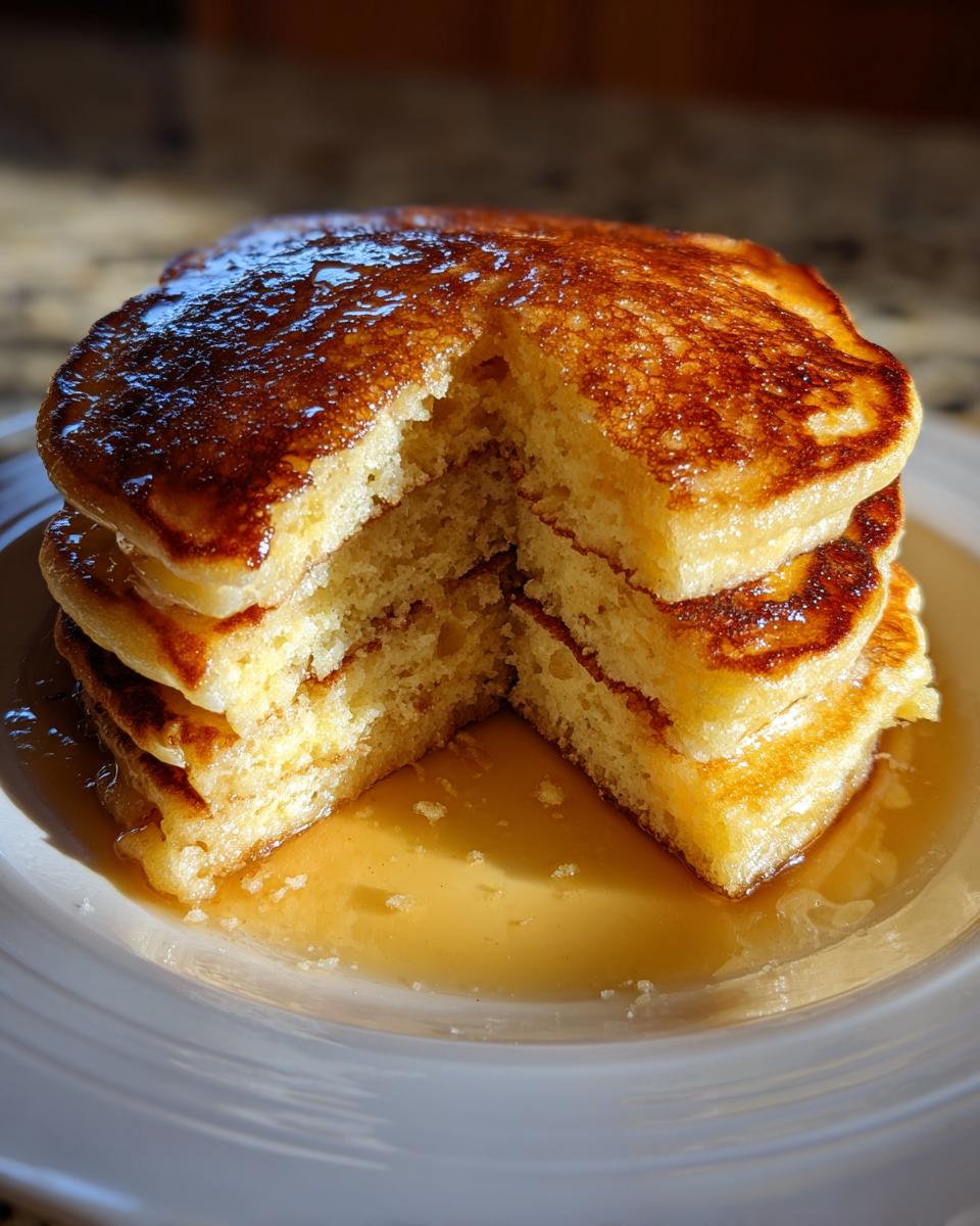 A stack of thick, golden-brown discard pancakes cut open to show the fluffy interior, drenched in syrup.