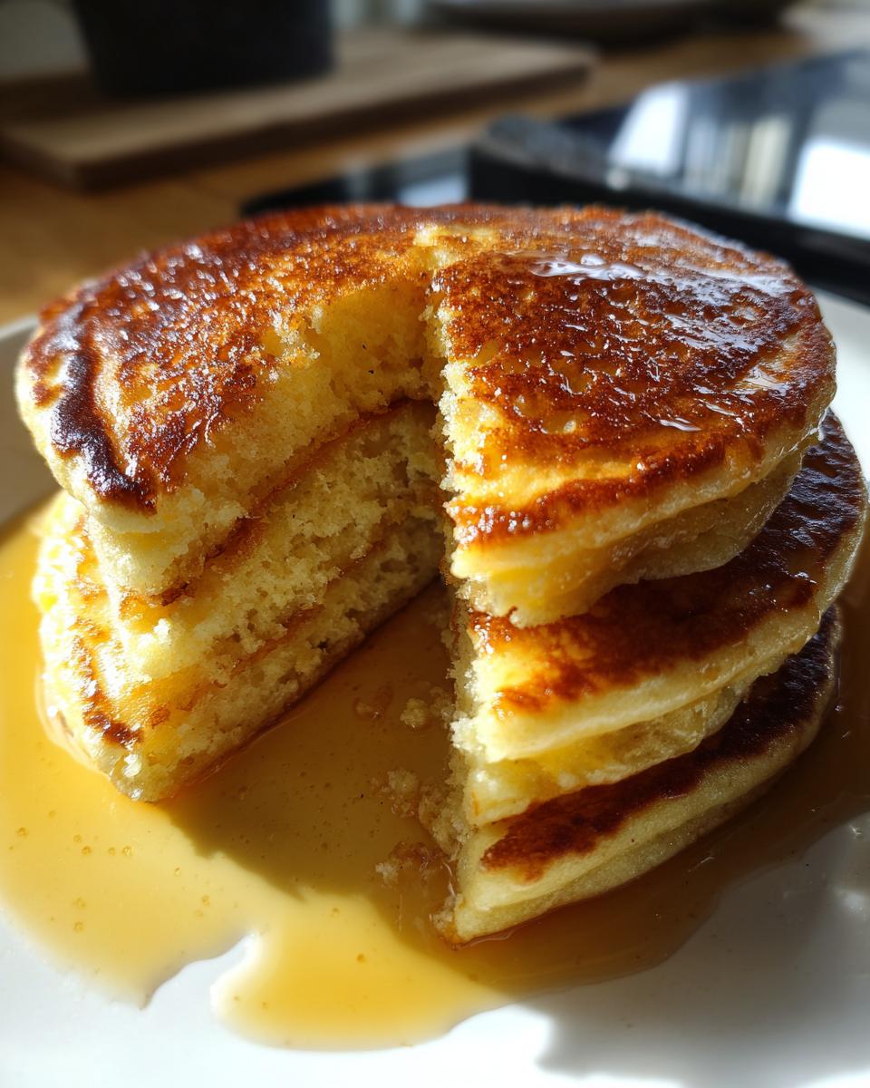 A close-up of a stack of fluffy discard pancakes with a piece cut out, drizzled generously with golden syrup.