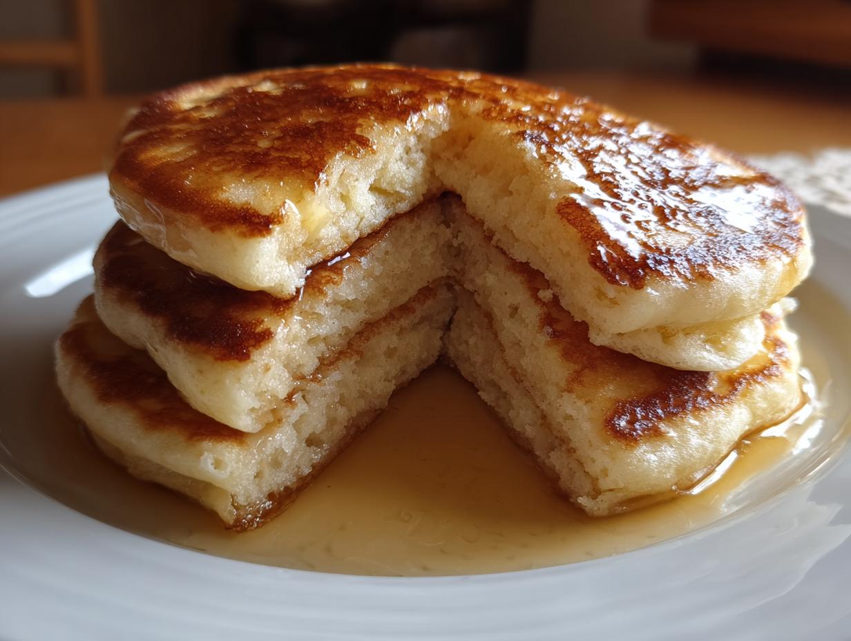 A stack of three fluffy discard pancakes, cut open to show the texture and drizzled generously with golden syrup.