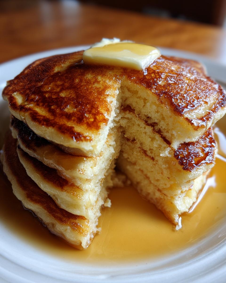 Close-up of a tall stack of fluffy discard pancakes, cut open to show the texture, topped with butter and drenched in syrup.