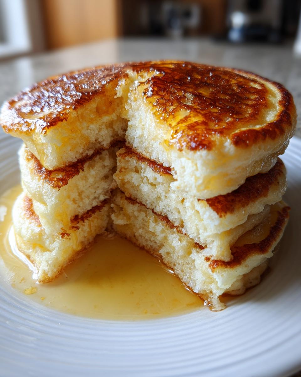 Close-up of a stack of fluffy discard pancakes with a bite taken out, drizzled with golden syrup.