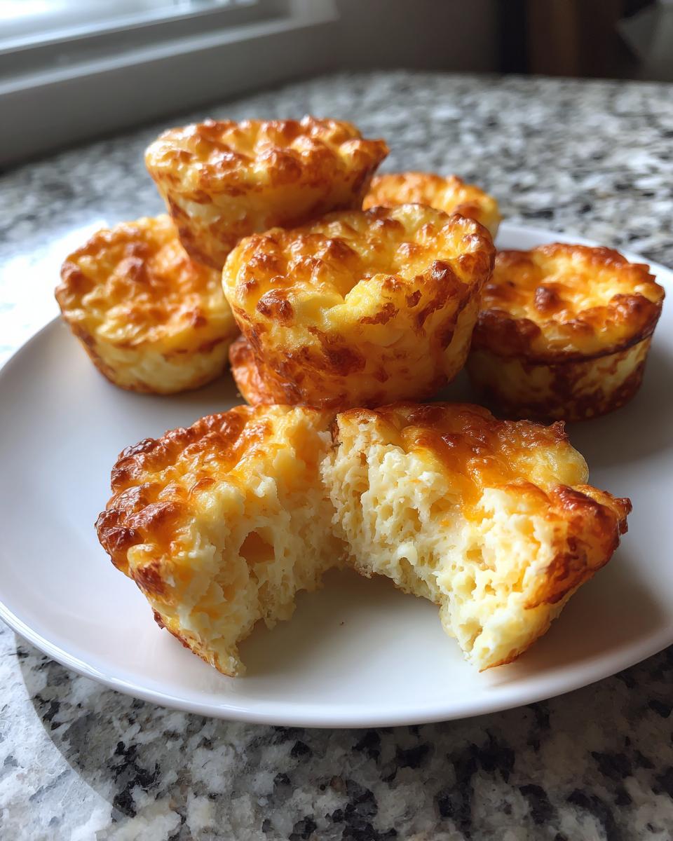 A plate of fluffy, golden-brown egg bites, with one bite broken open to show the airy interior.