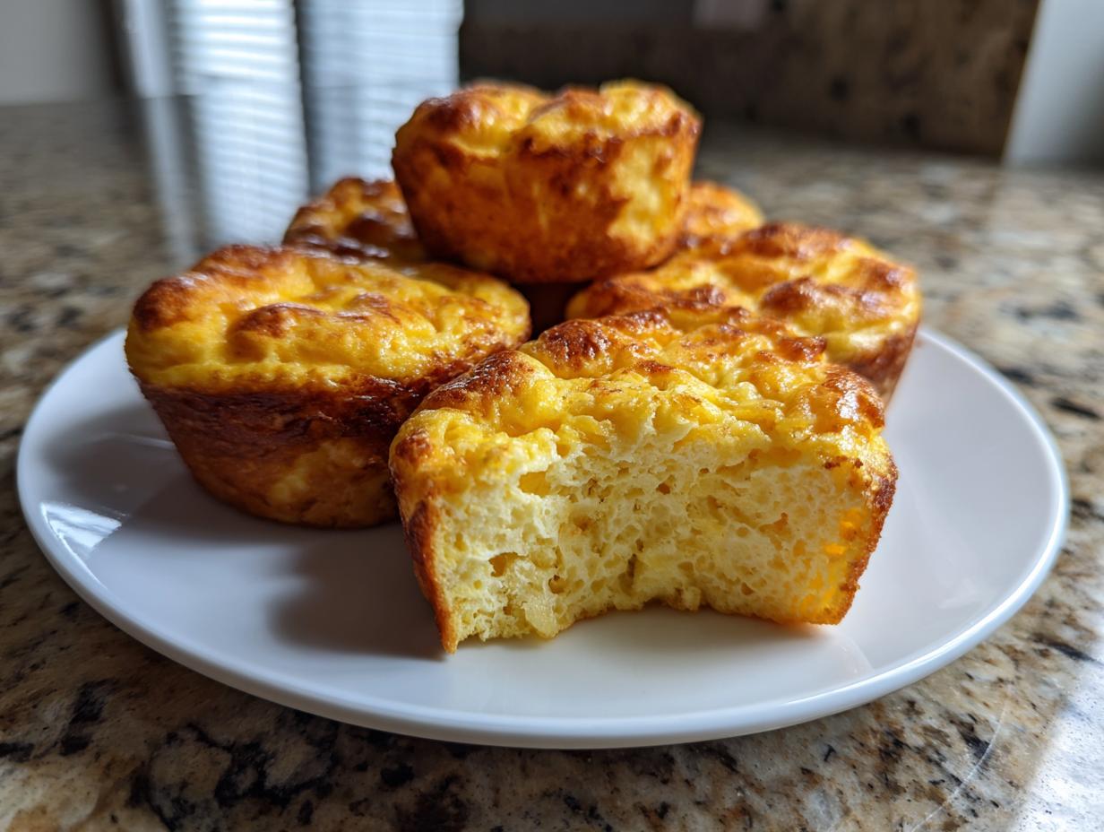 A stack of golden brown, fluffy homemade egg bites on a white plate, with one bite cut open showing the airy texture.