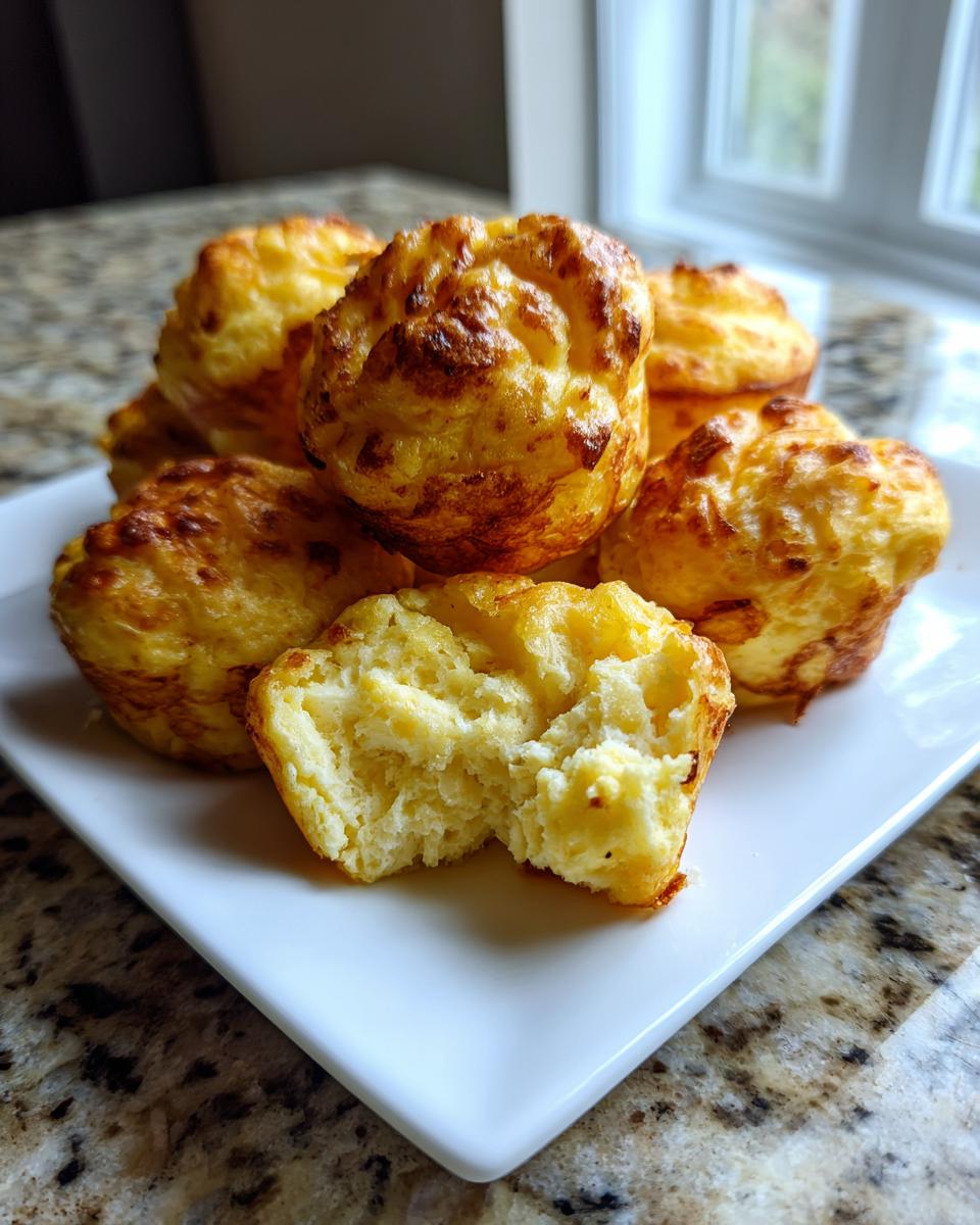 A stack of golden brown, fluffy egg bites on a white plate, with one broken open showing the interior texture.