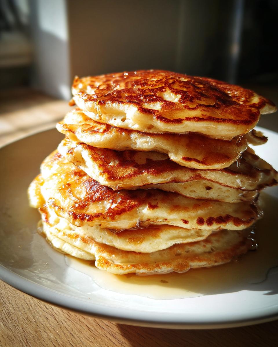 A tall stack of fluffy oatmeal pancakes drizzled generously with golden syrup on a white plate.
