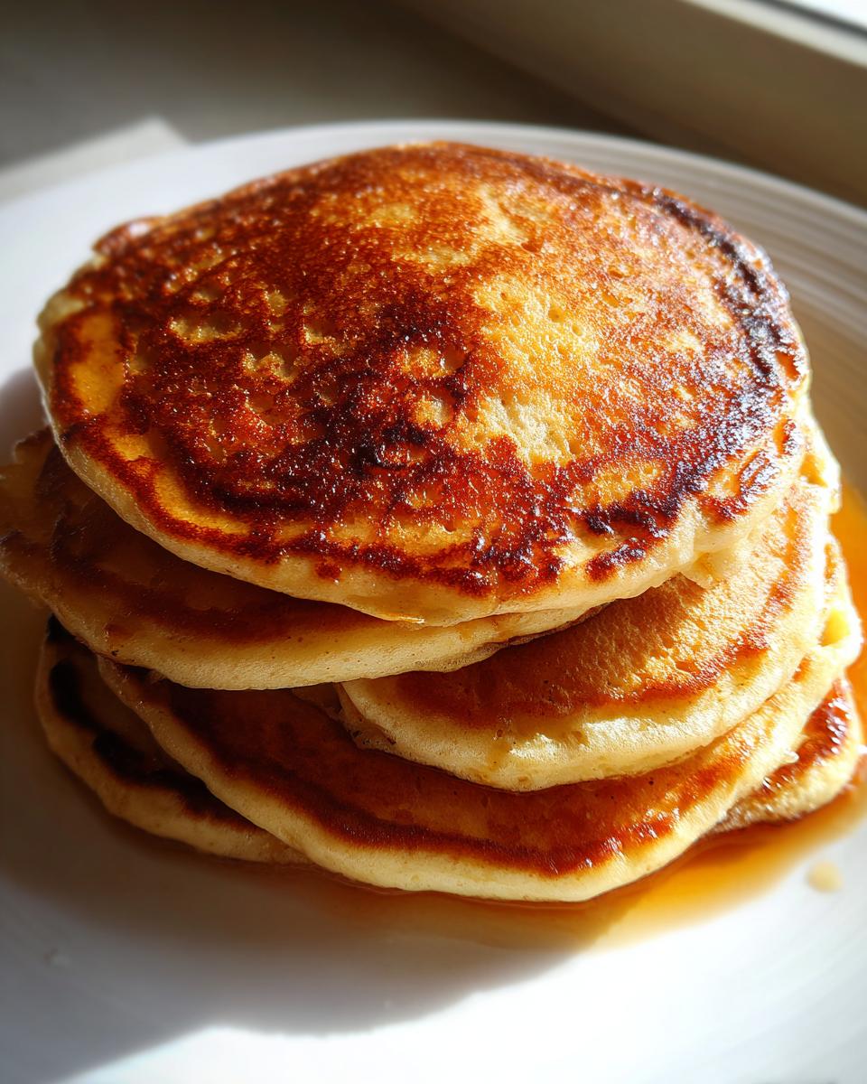 A tall stack of four fluffy oatmeal pancakes drizzled with syrup, catching the sunlight.