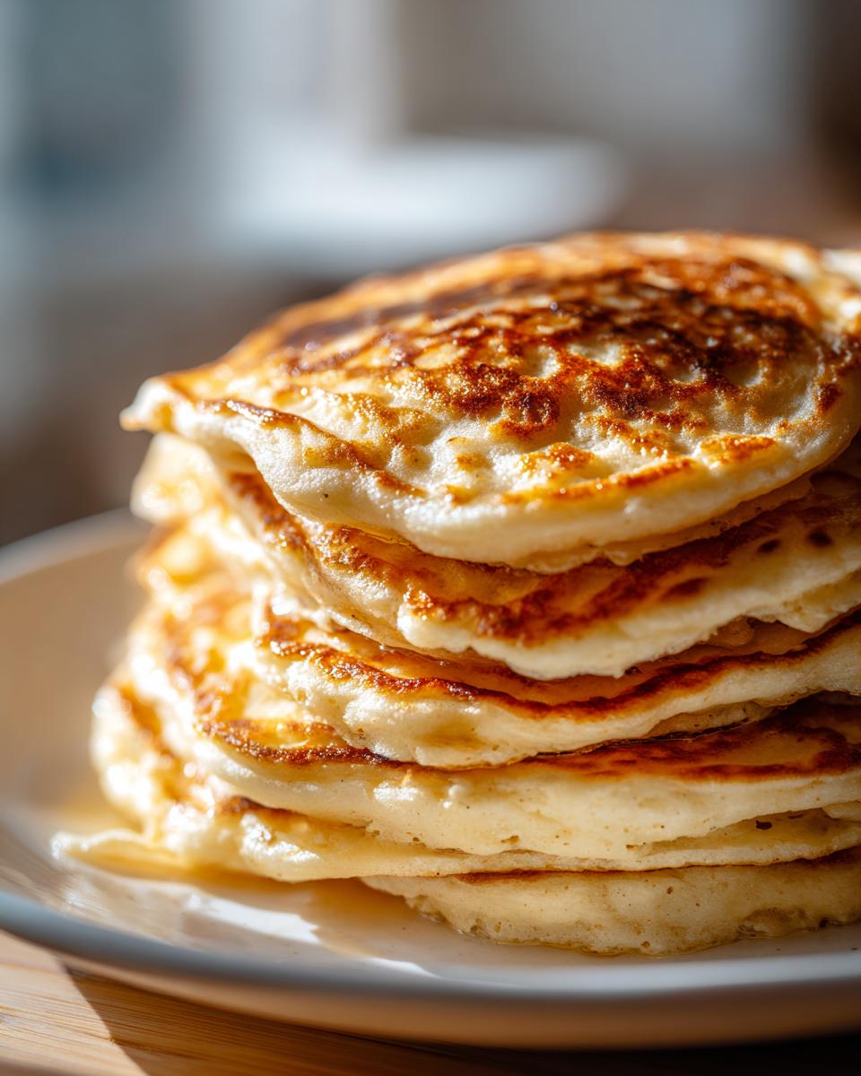 A tall stack of fluffy oatmeal pancakes with golden-brown, caramelized edges served on a white plate.
