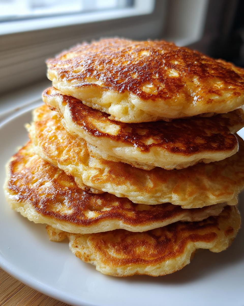 Close-up of a tall stack of four golden-brown, fluffy oatmeal pancakes on a white plate.