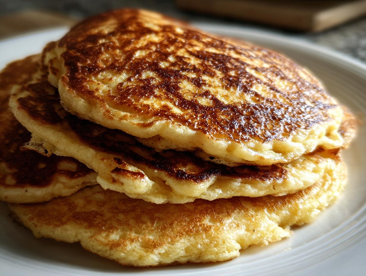 Close-up of a stack of three fluffy oatmeal pancakes with golden-brown, perfectly seared tops.