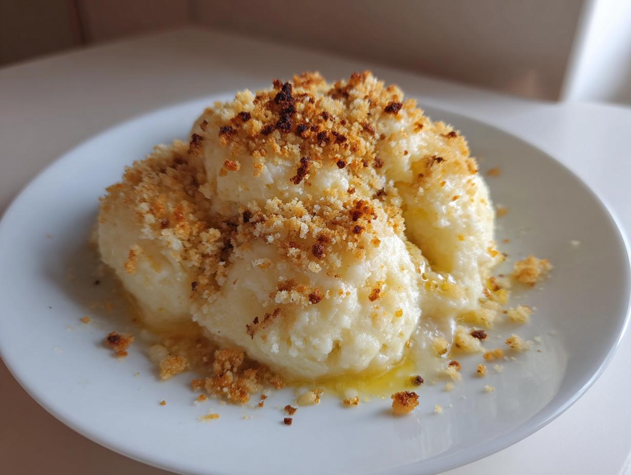 Close-up of fluffy potato dumplings topped generously with golden brown buttered breadcrumbs.