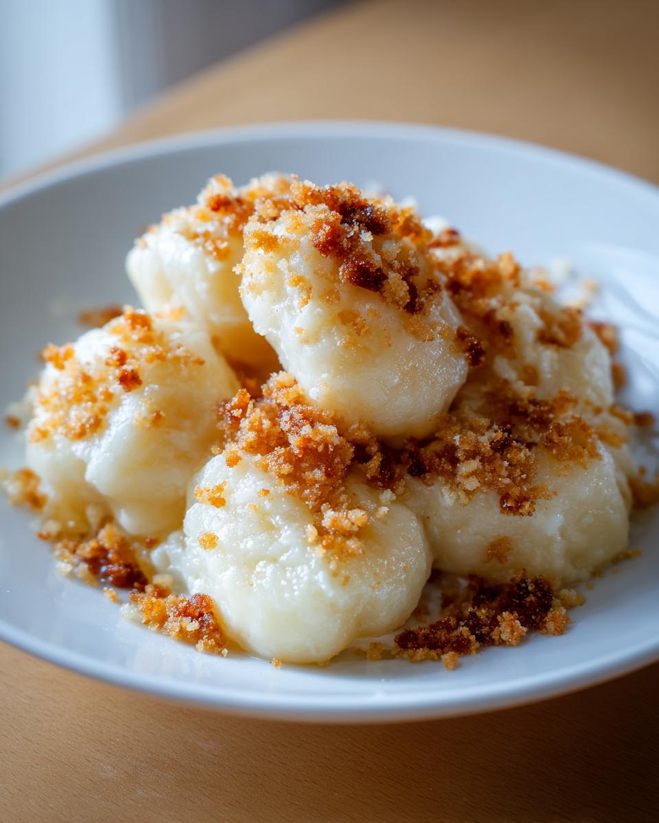 Close-up of fluffy potato dumplings topped generously with golden brown buttered breadcrumbs.