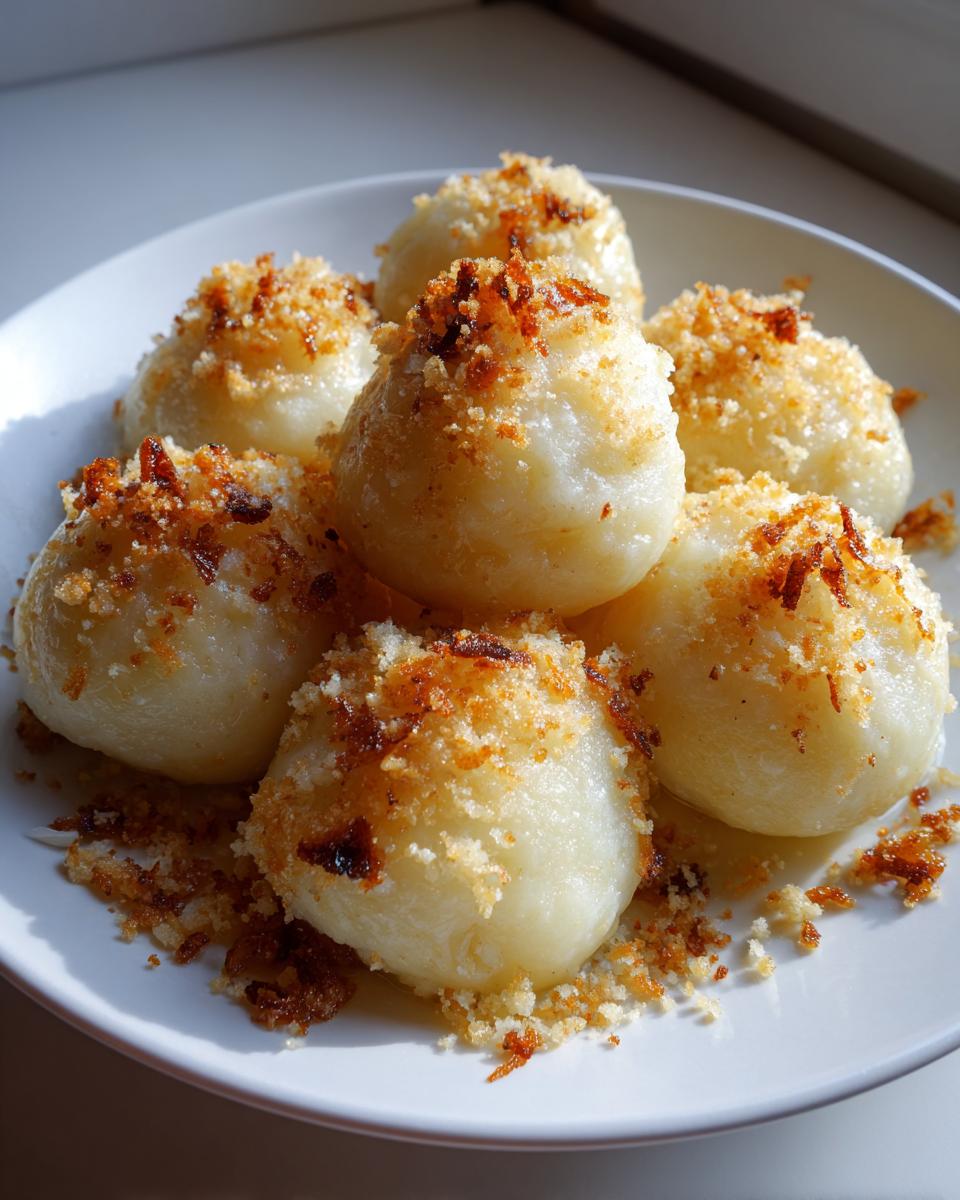 A plate of fluffy potato dumplings generously topped with golden brown toasted breadcrumbs.