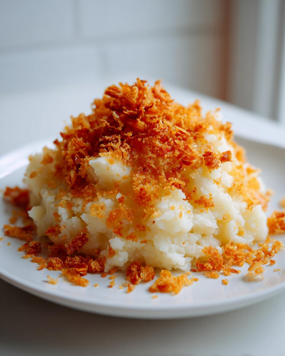 A mound of fluffy white potato dumplings topped generously with golden brown crispy breadcrumbs.