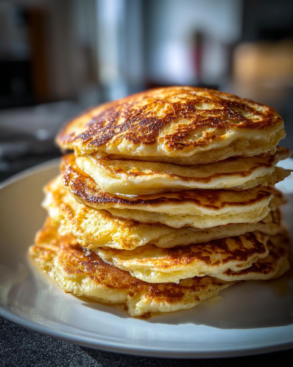 A tall stack of golden brown, fluffy sourdough pancakes served on a white plate.