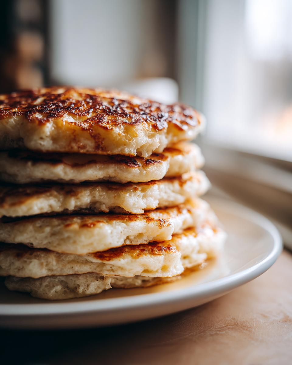 A tall stack of golden-brown, fluffy sourdough pancakes resting on a white plate near a window.