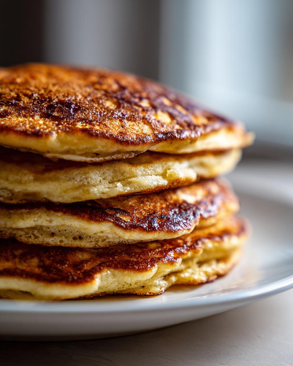 Close-up of a tall stack of golden-brown, fluffy sourdough pancakes resting on a white plate.