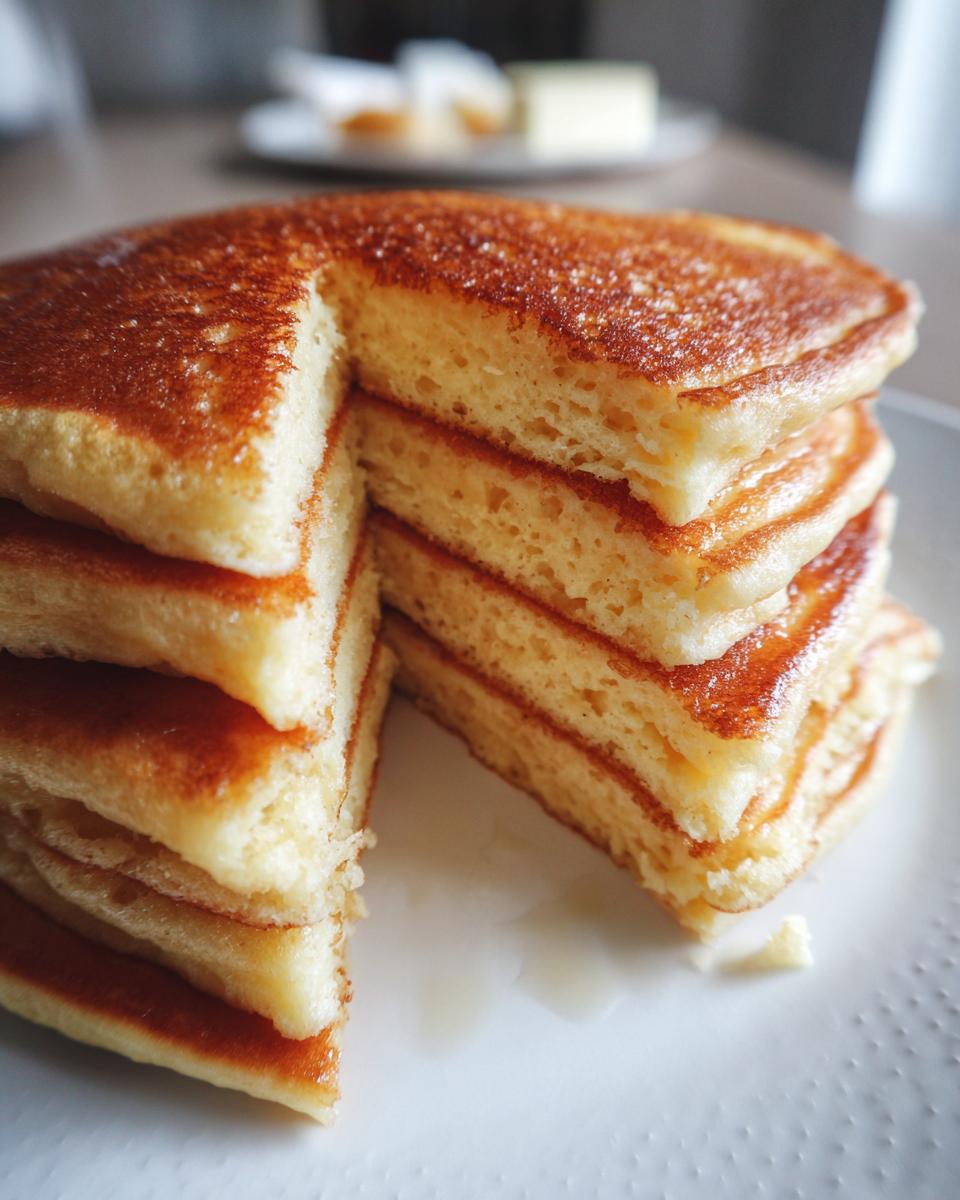 Close-up of a tall stack of fluffy sourdough pancakes with a slice removed, showing the airy interior and golden brown tops.