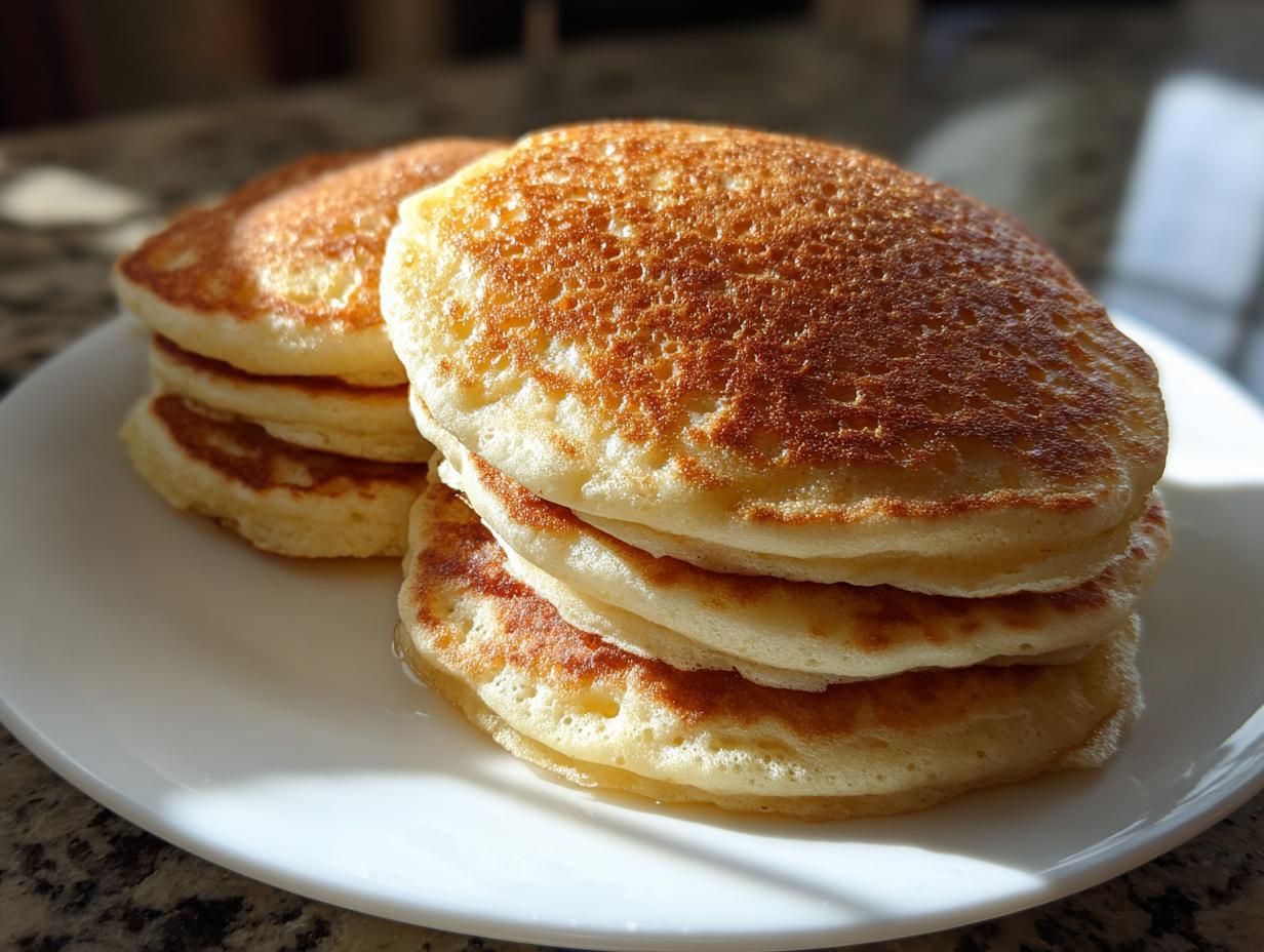 A close-up of two stacks of fluffy sourdough pancakes, golden brown and perfectly cooked, served on a white plate.