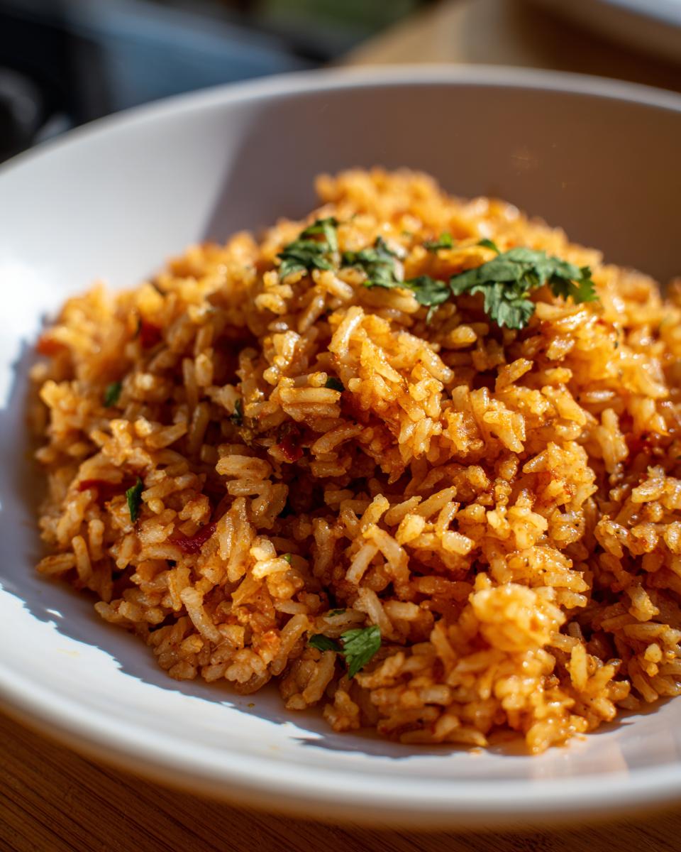 A close-up, brightly lit shot of fluffy, seasoned Spanish rice garnished with fresh cilantro in a white bowl.