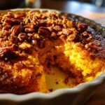 Close-up of a fluffy sweet potato souffle in a white dish with a scoop removed, topped with candied pecans.