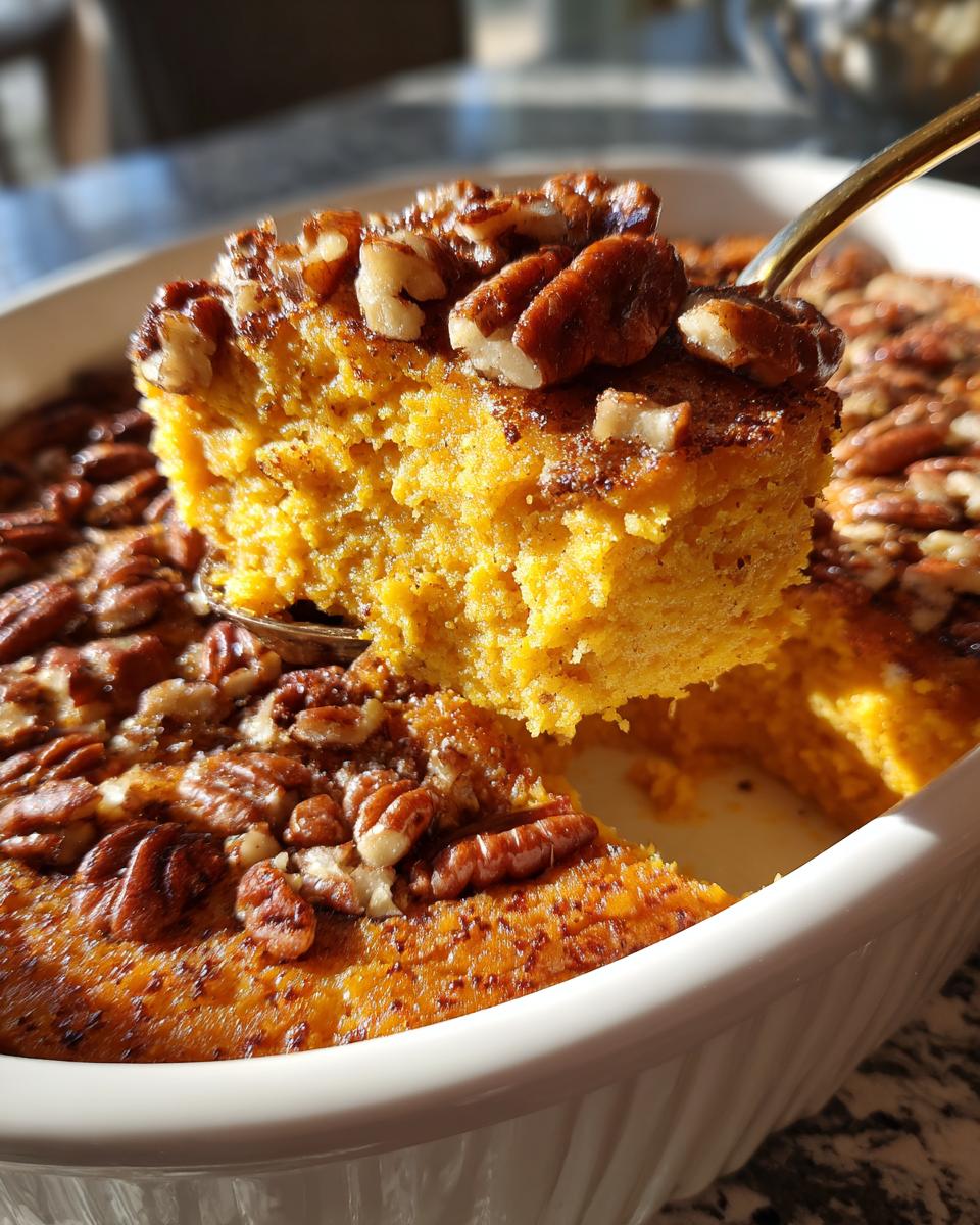 A spoonful of fluffy sweet potato souffle topped with toasted pecans being lifted from a white baking dish.