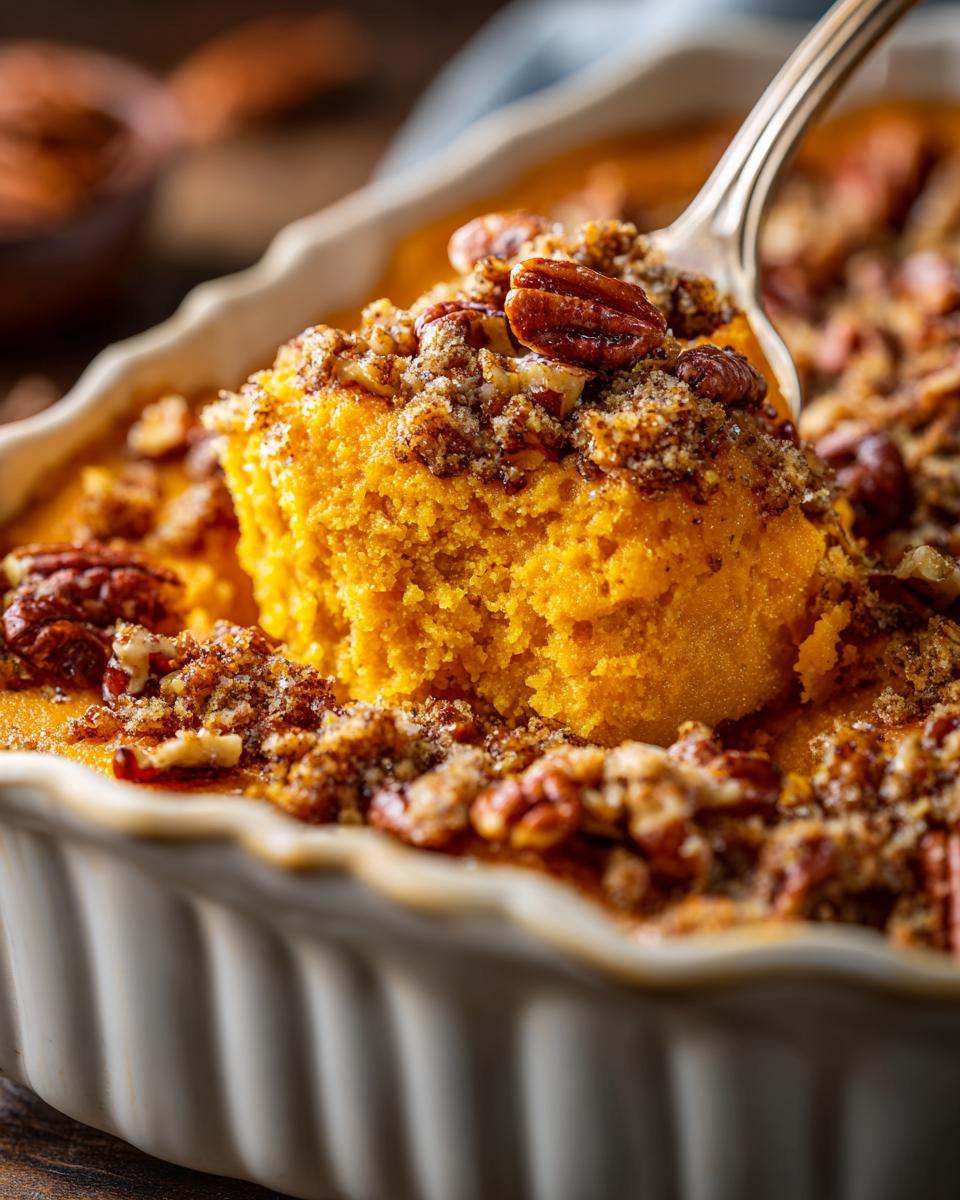 A spoonful of fluffy sweet potato souffle topped with crunchy pecans being lifted from a white baking dish.