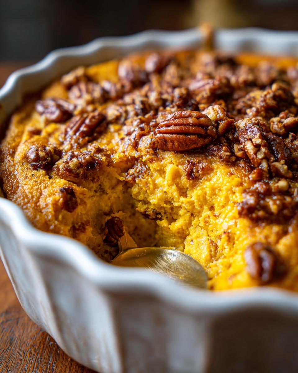 Close-up of a fluffy sweet potato souffle in a white dish, being scooped with a spoon, topped with pecans.