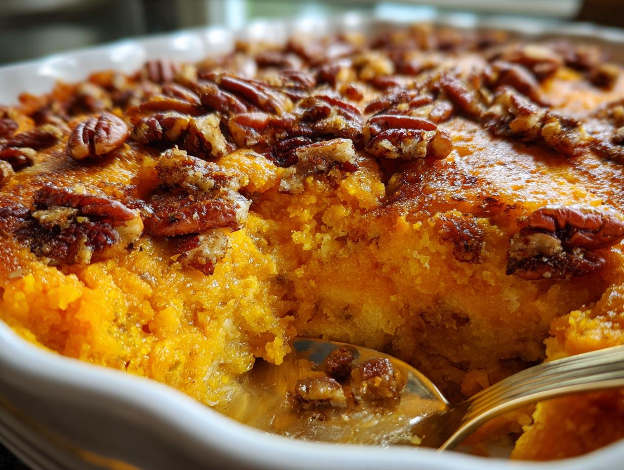 Close-up of fluffy sweet potato souffle topped with caramelized pecans, being scooped with a gold spoon.