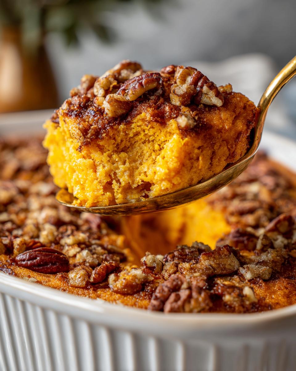 A spoonful of fluffy sweet potato souffle with a crunchy pecan topping being lifted from a white baking dish.