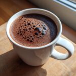 Close-up of rich, dark french hot chocolate with a layer of small, dark foam bubbles in a white mug.