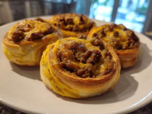 Four freshly baked sausage pinwheels with melted cheese topping arranged on a white plate.