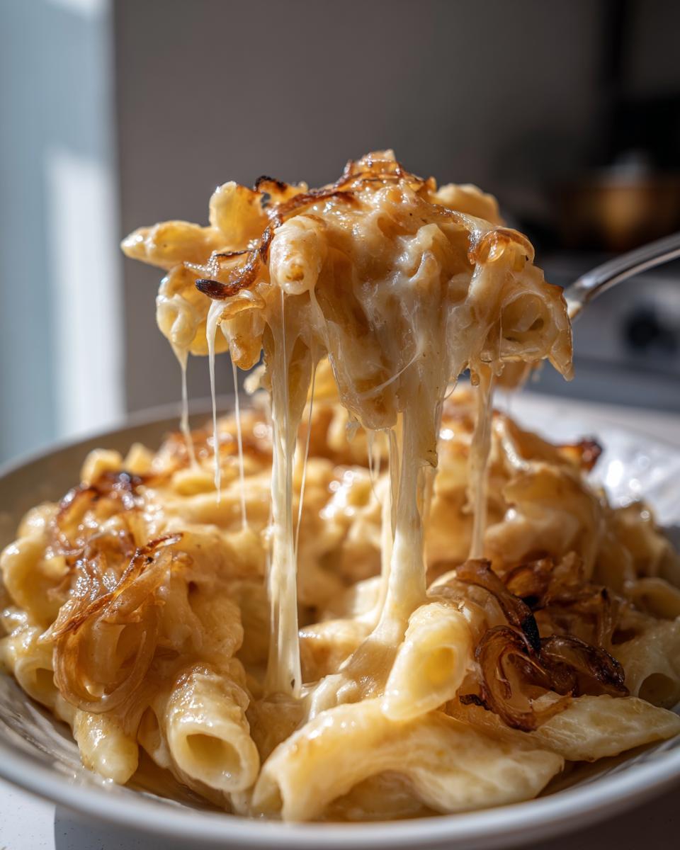 A fork lifting cheesy french onion pasta with long, gooey cheese strings and caramelized onions.