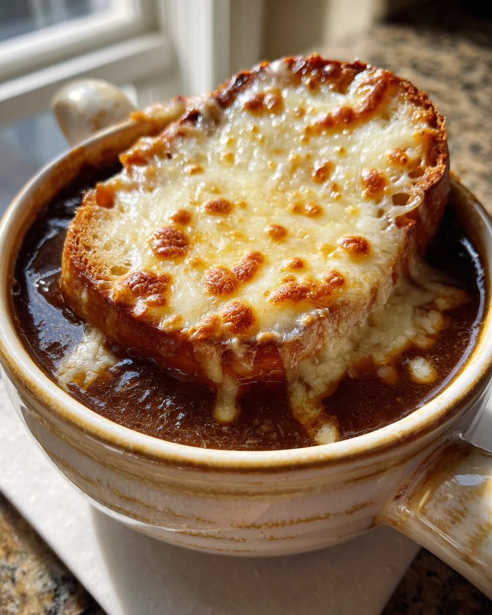 Close-up of a bowl of rich french onion soup topped with a toasted crouton covered in melted, bubbly Gruyère cheese.